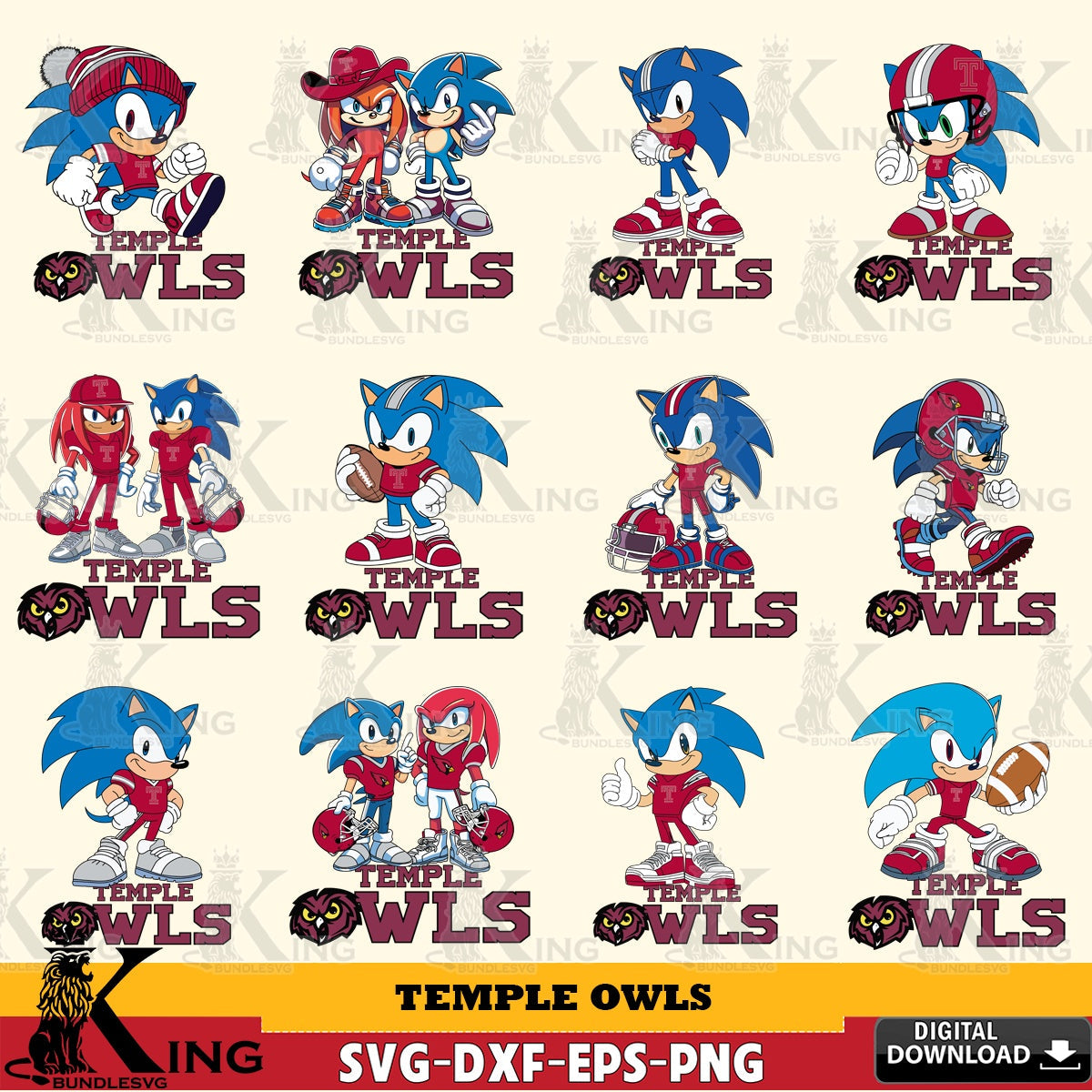Temple Owls Sonic & Knuckles NCAA FootballBundle SVG file, Vector , Digital Download , PDF File , Instant Download