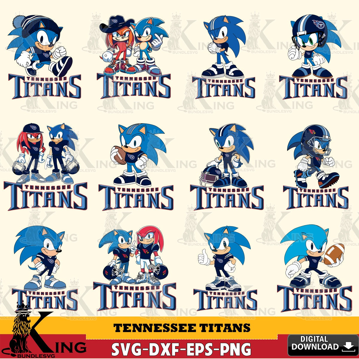Premium pack containing Tennessee Titans Sonic & Knuckles NFL Football bundle vector illustration for POD merchandise and apparel