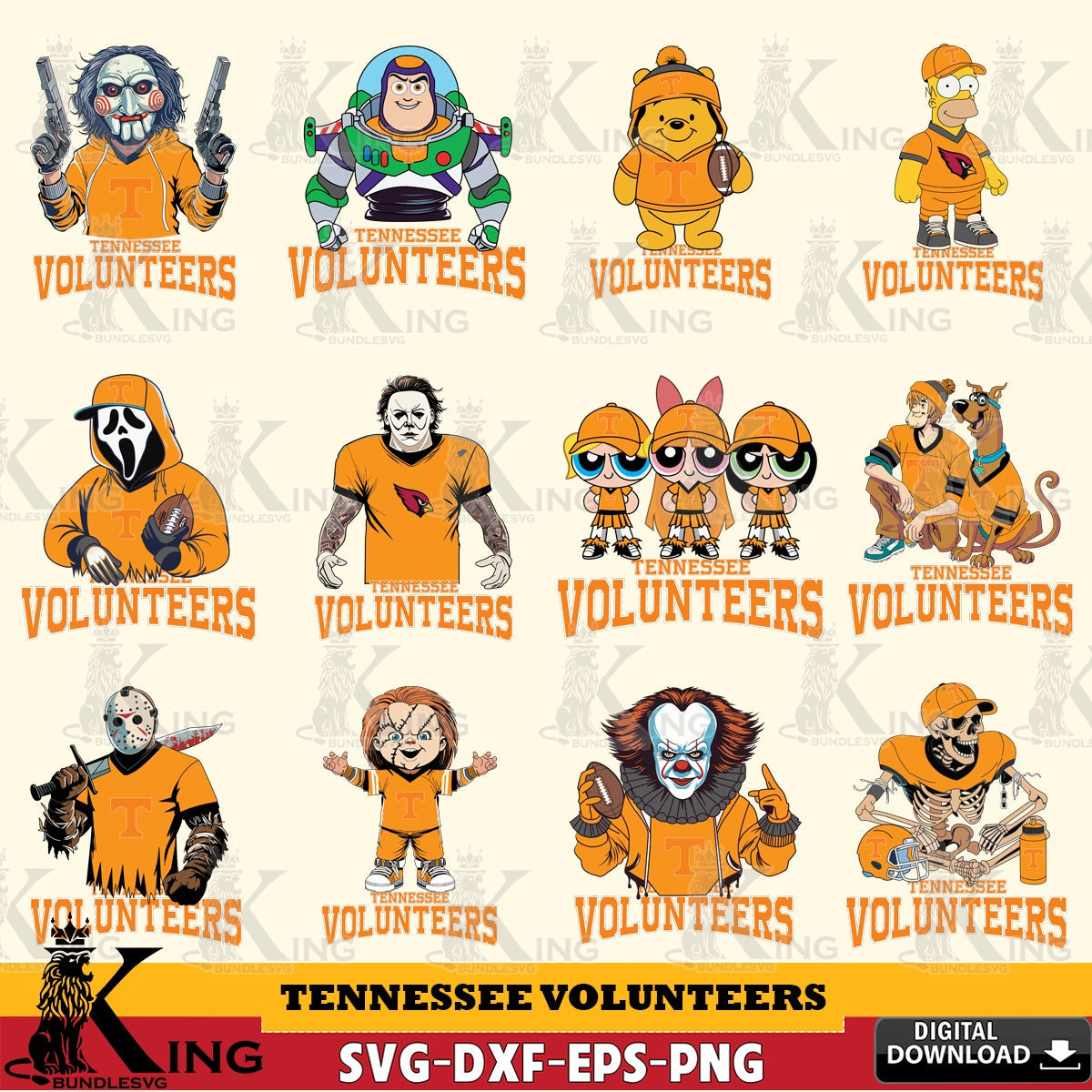 Comprehensive collection of Tennessee Volunteers Cartoon Football NCAA Bundle, printable vector design for sublimation and crafts
