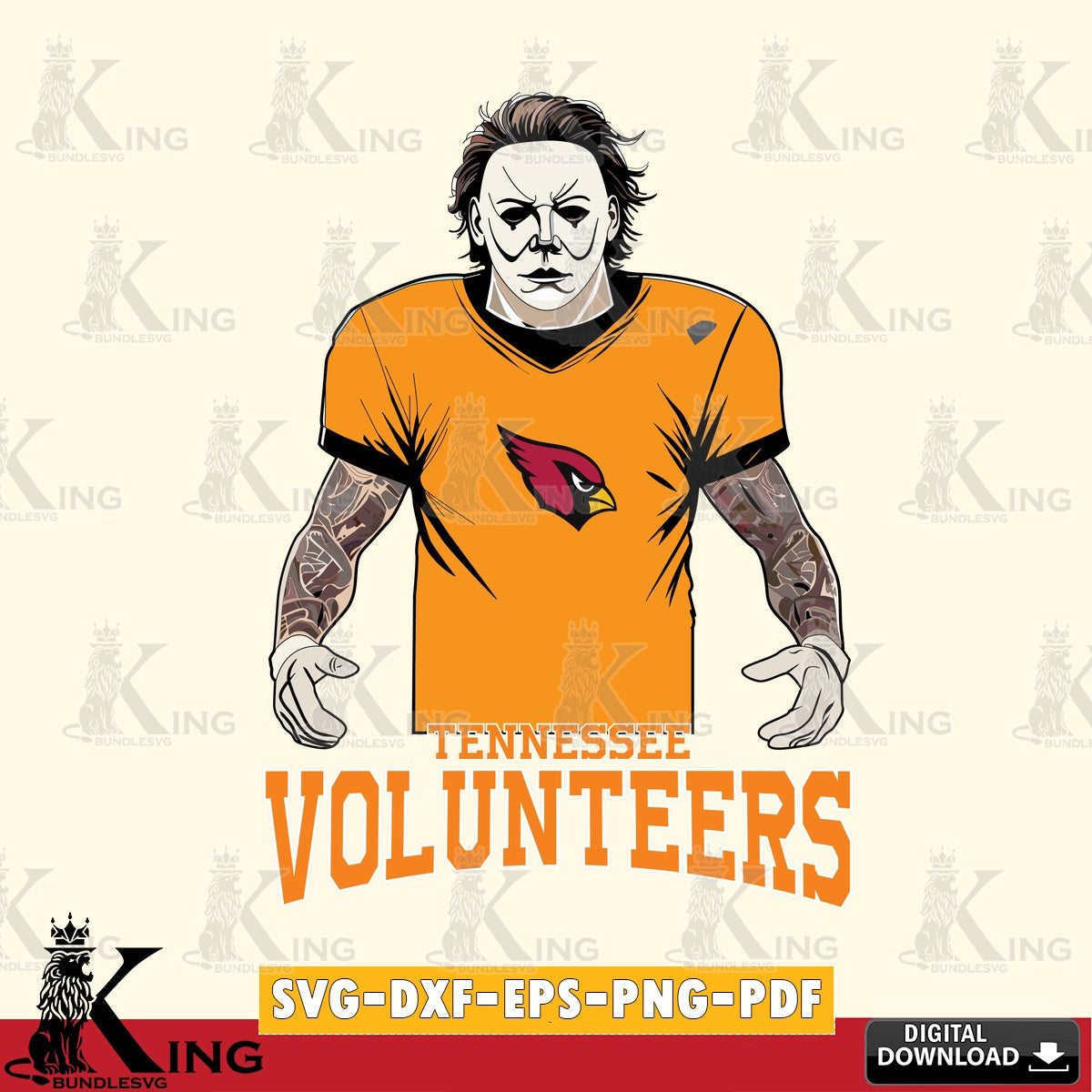 Eye-catching graphic of a Tennessee Volunteers Michael Myers tattoo football, NCAA vector art for engraving, cutting, and