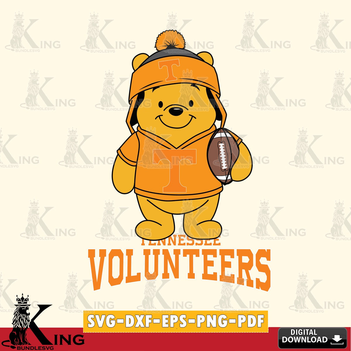 Modern graphic depicting Tennessee Volunteers Winnie the Pooh player Football, a digital file for silhouette cameo and cricut