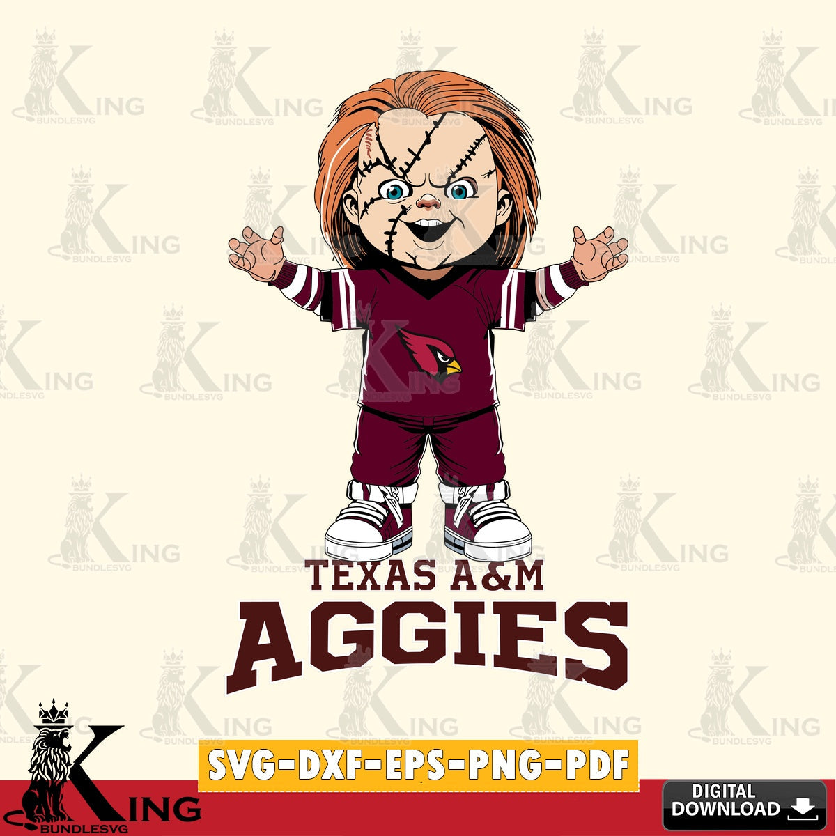 Unique artwork depicting Texas A M Aggies Chucky Football, NCAA, SVG PNG files perfect for Cricut and Silhouette cutting