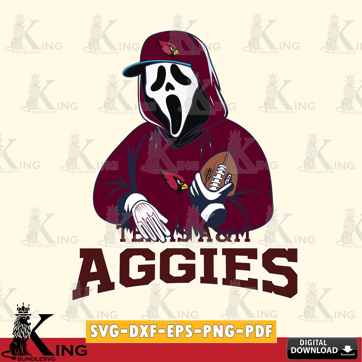 Eye-catching graphic of a Texas A&M Aggies Ghostface Scream football player, a high-quality vector for DIY scrapbooking and home