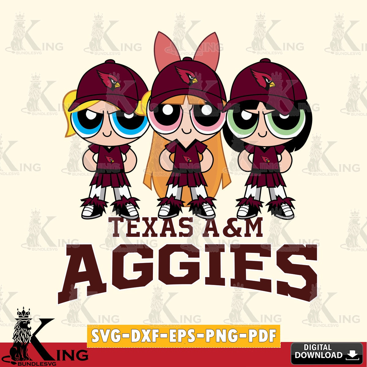 Detailed illustration of Texas A M Aggies PowerPuff Girls Football, SVG cut file for personalized gifts and laser projects