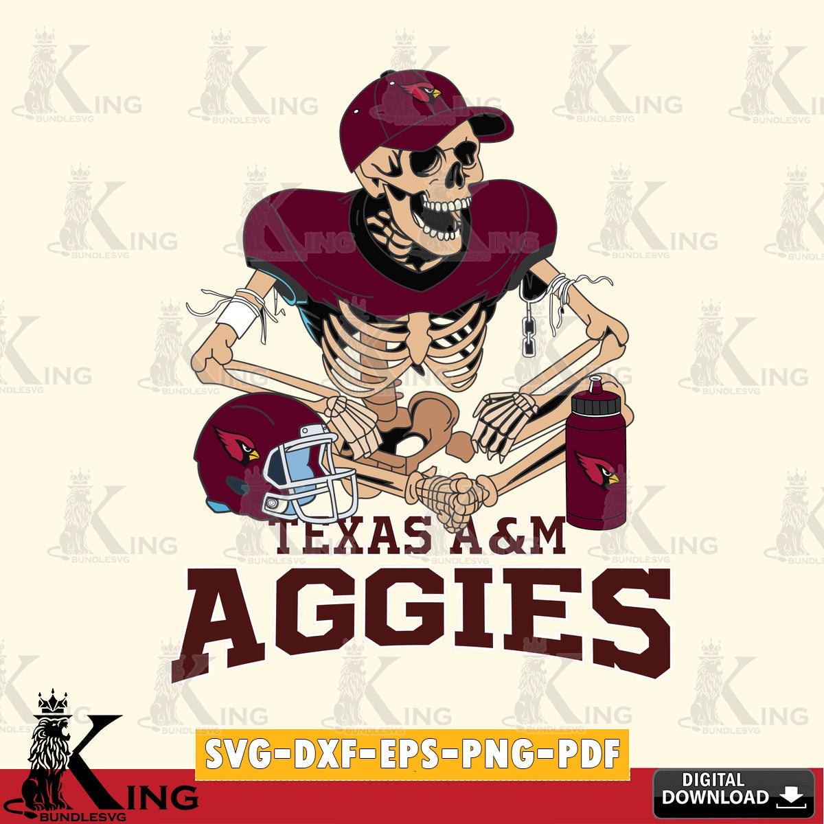 Hand-drawn style art of Texas A M Aggies skeleton player football, digital file for silhouette cameo and cricut projects