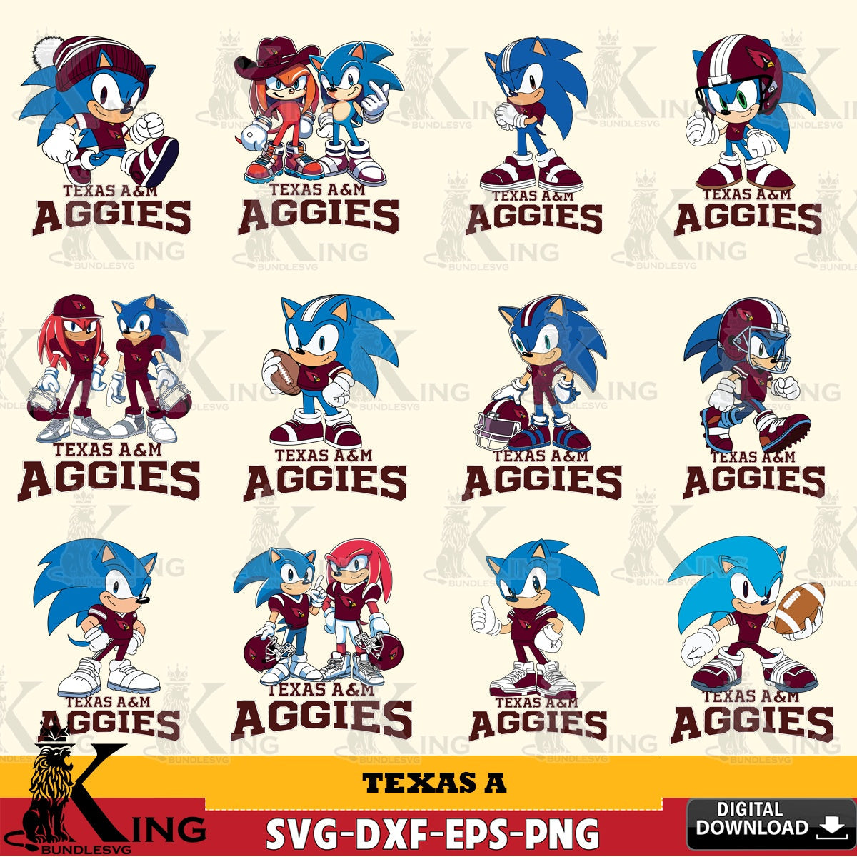 Ultimate set containing Texas A Sonic & Knuckles NCAA Football Bundle digital file for silhouette cameo and cricut projects