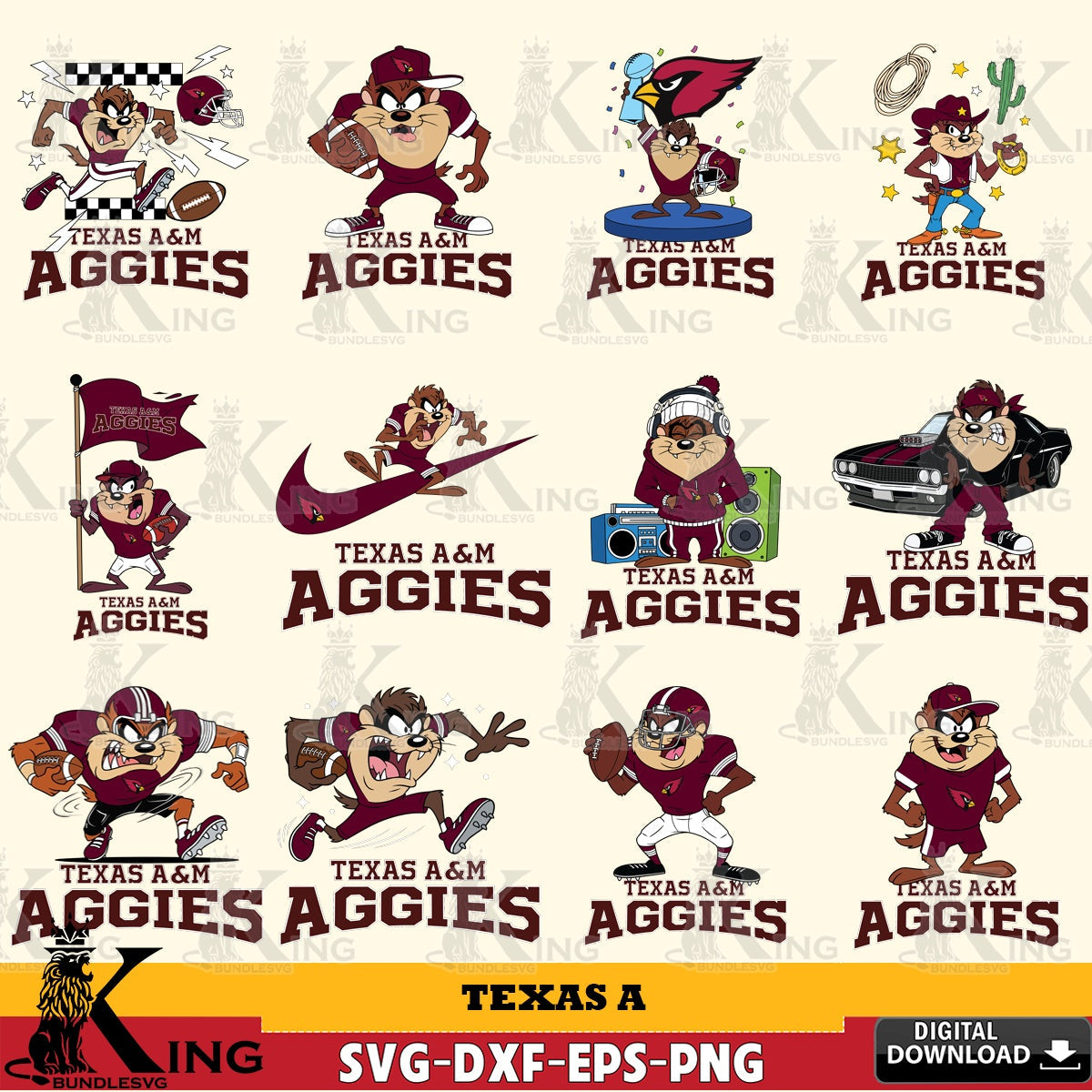 Texas A Taz Football NCAA Bundle SVG file, Cut file  , Digital Download , Instant Download, Taz svg, NCAA svg