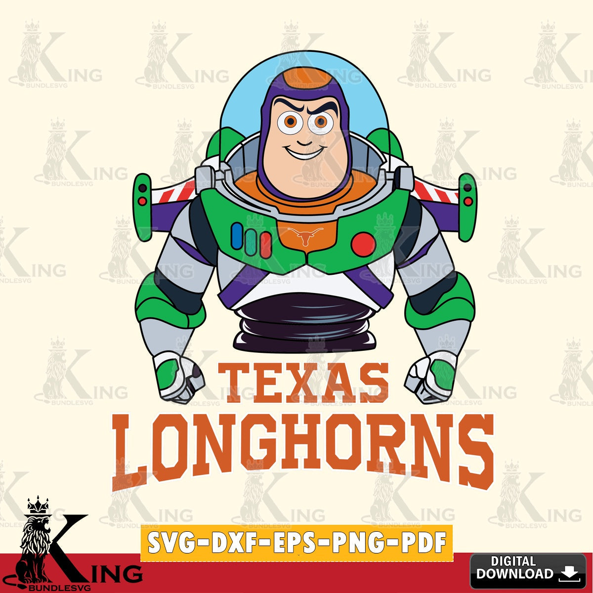 Artistic drawing of a Texas Longhorns Buzz Lightyear football, NCAA File cut, SVG PNG design suitable for Glowforge and laser