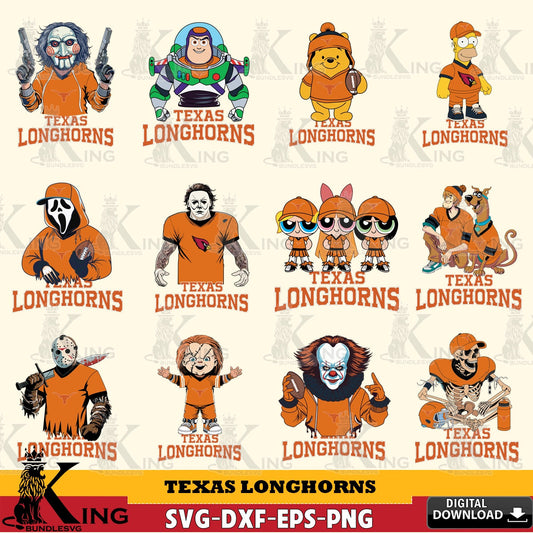 Huge collection of Texas Longhorns Cartoon Football NCAA bundle vector illustration for POD merchandise and apparel