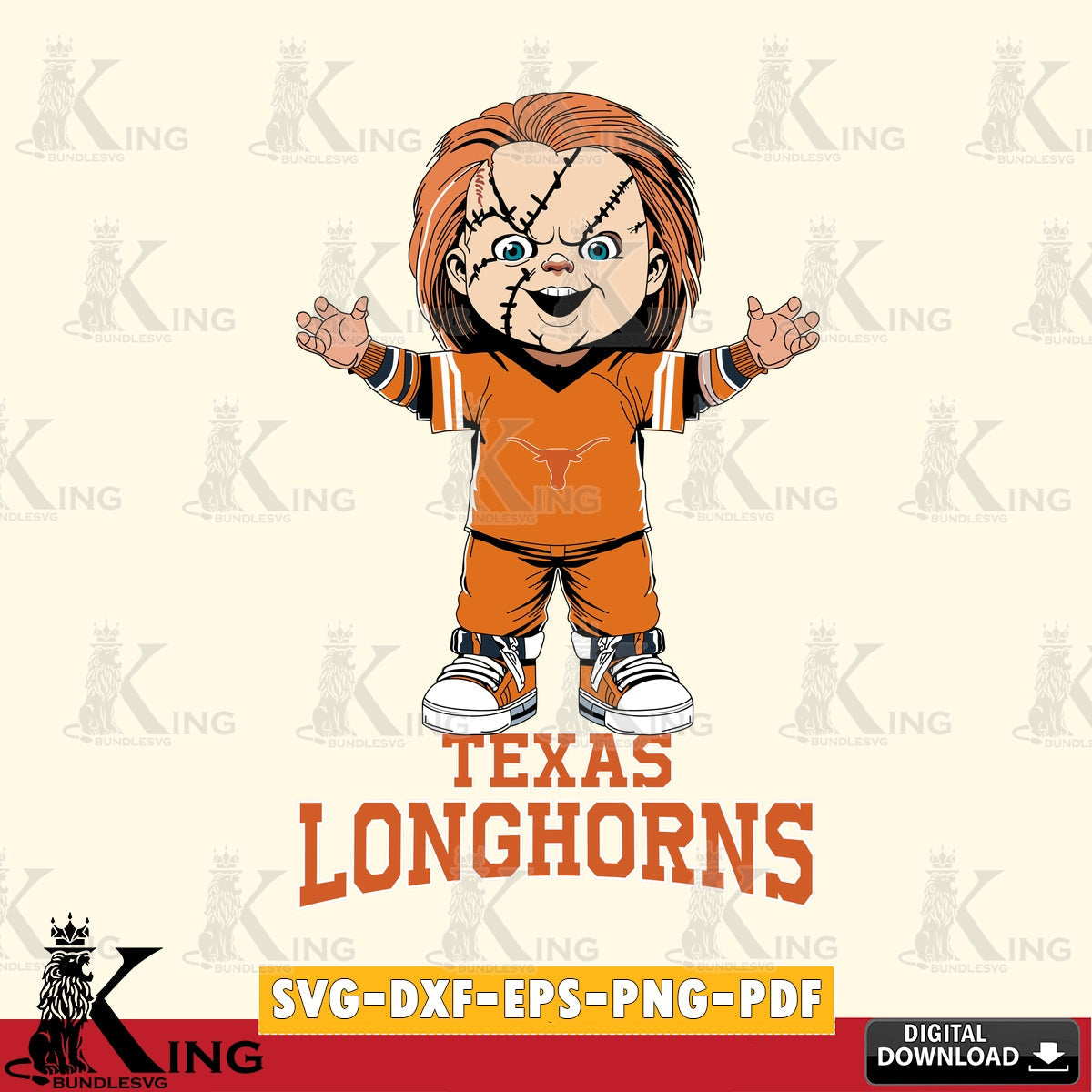 Eye-catching graphic of Texas Longhorns Chucky Football, NCAA File cut, SVG PNG design suitable for Glowforge and laser cutting.
