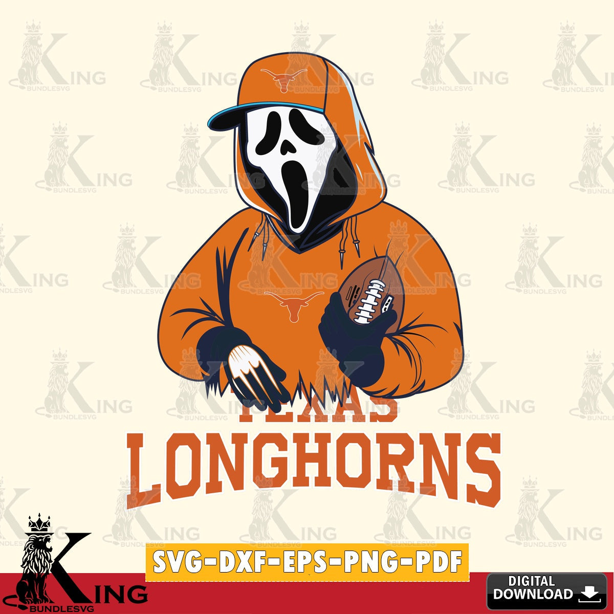 Detailed illustration of a Texas Longhorns Ghostface Scream football player, a digital download for Cricut Maker and paper crafts.