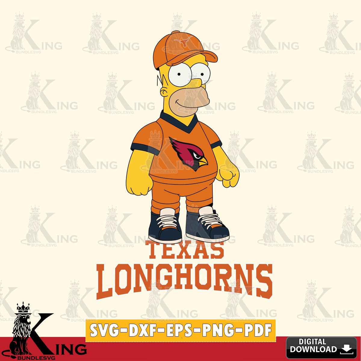 High-quality graphic of Texas Longhorns Homer Simpson playing football, a vector illustration for POD merchandise and apparel