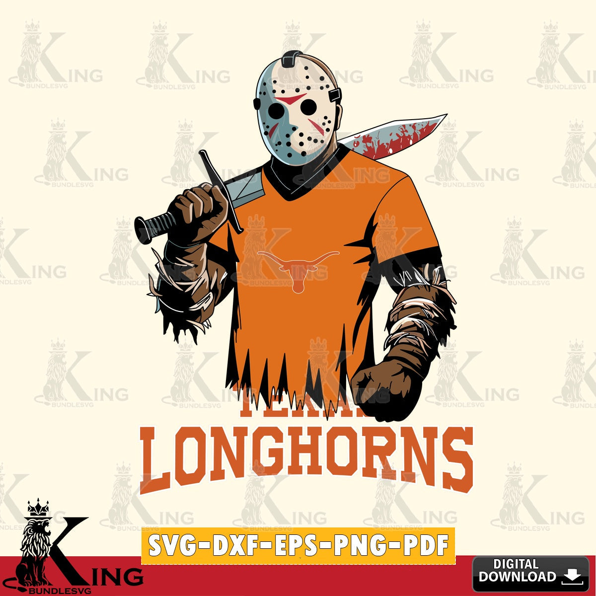 Custom design featuring Texas Longhorns Jason Voorhees Football, NCAA, SVG PNG files perfect for Cricut and Silhouette cutting