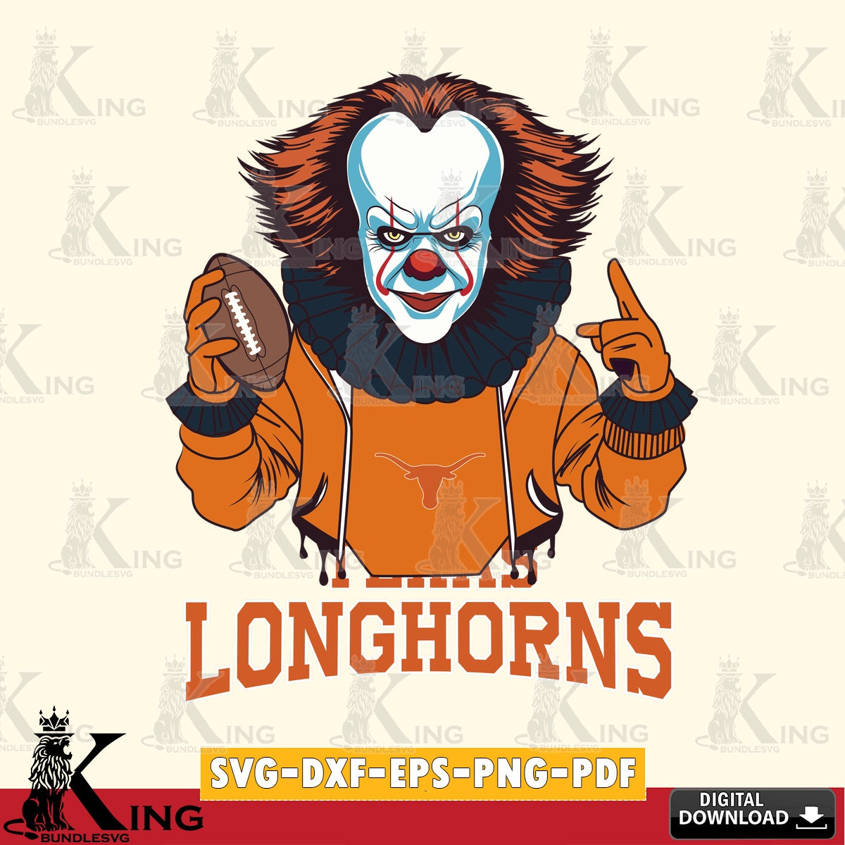 Stylish representation of Texas Longhorns Pennywise player football, digital file for silhouette cameo and cricut projects