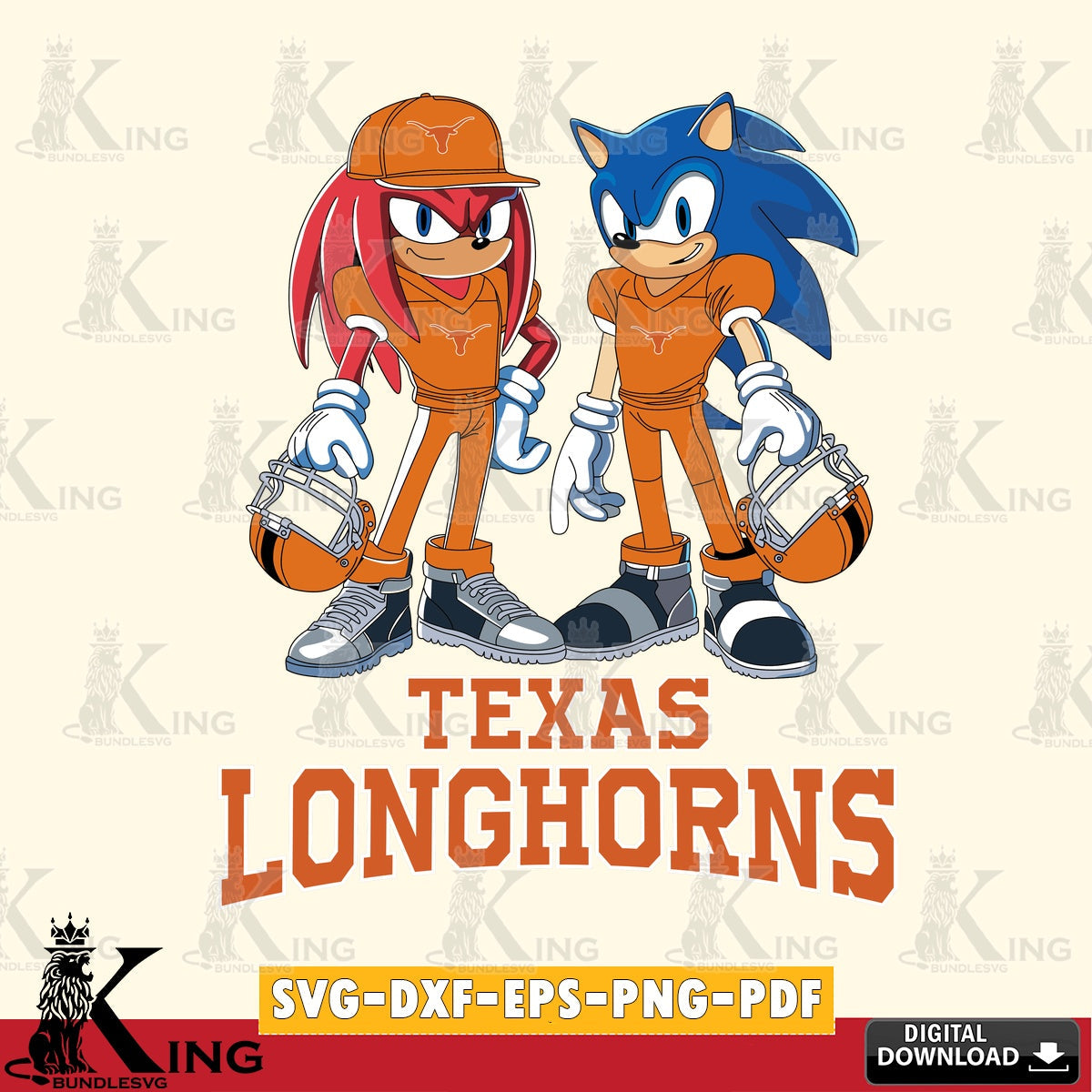 Modern graphic depicting Texas Longhorns Sonic and Knuckles player football crafting file for iron-on transfer and vinyl decals.
