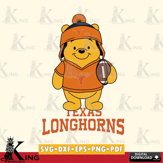 Printable art of Texas Longhorns Winnie the Pooh player football, NCAA printable vector design for sublimation and crafts