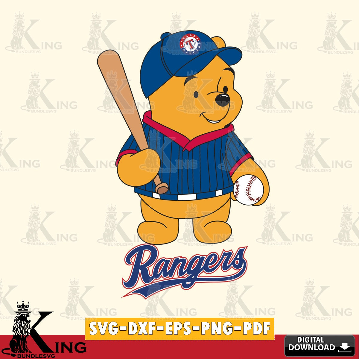 Printable art of Texas Rangers Baseball Batter Winnie the Pooh SVG cut file for personalized gifts and laser projects