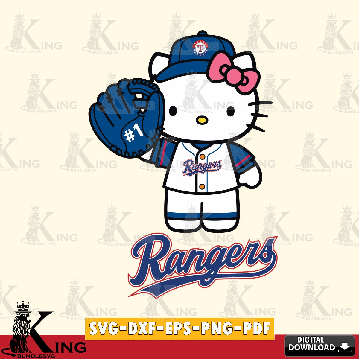 Variety pack of Texas Rangers Hello Kitty Baseball SVG PNG design suitable for Glowforge and laser cutting