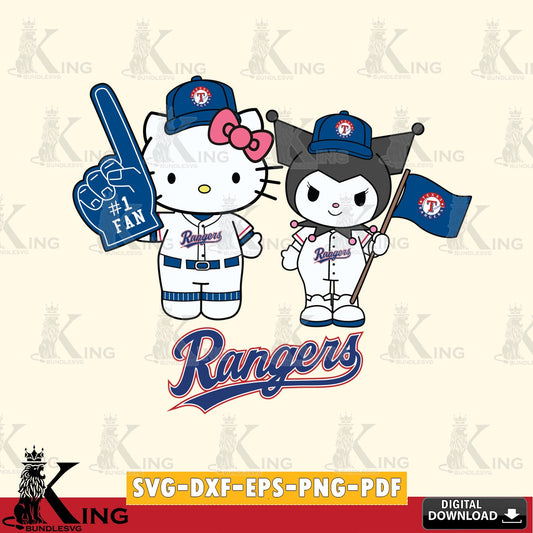 All-in-one bundle of Texas Rangers Hello Kitty Kuromi Fan Baseball for Cricut cut files, PNG clipart for sublimation printing and