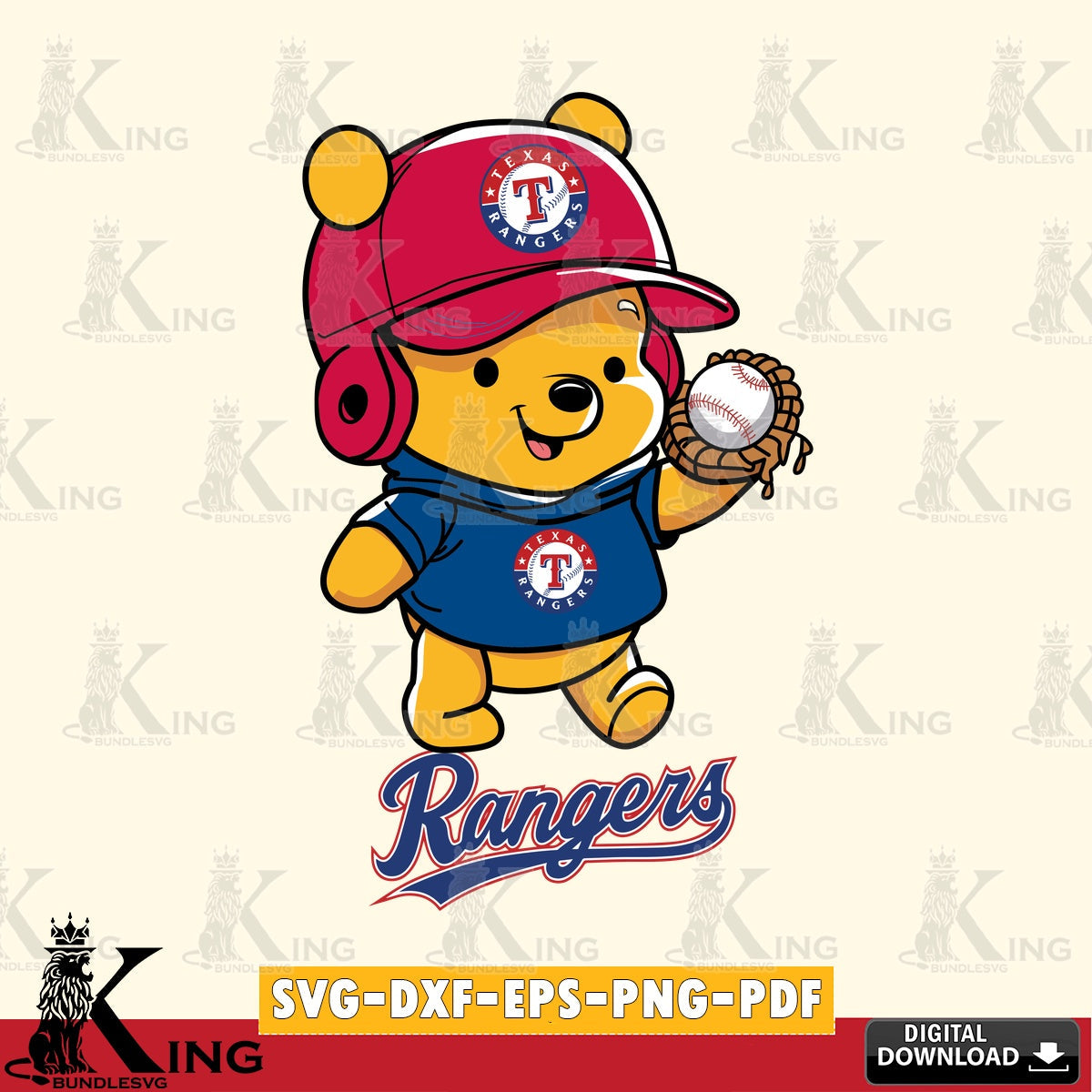 Stylish representation of Texas Rangers Pooh Bear Baseball as digital clipart compatible with laser engraving and cutting