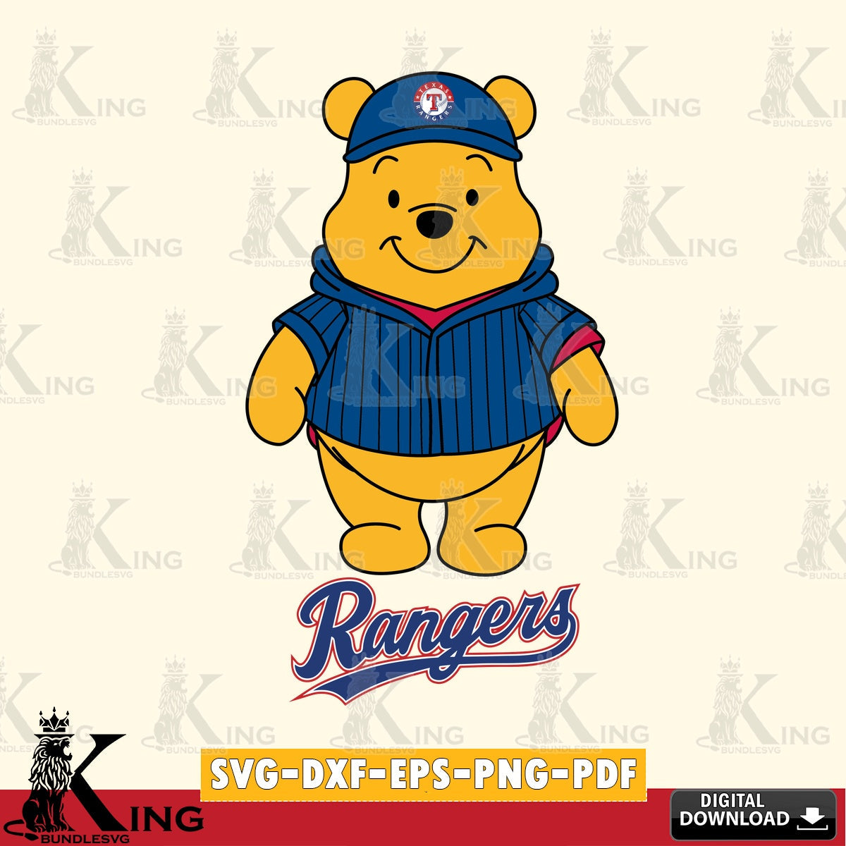 Artistic drawing of Texas Rangers Pooh Bear baseball mascot, a digital clipart compatible with laser engraving and cutting