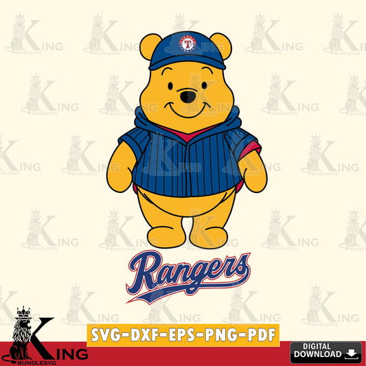 Artistic drawing of Texas Rangers Pooh Bear baseball mascot, a digital clipart compatible with laser engraving and cutting