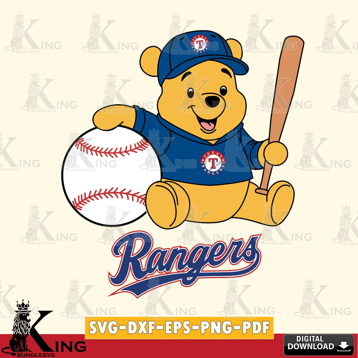 Unique artwork depicting Texas Rangers Winnie the Pooh Baseball Star Player SVG PNG files perfect for Cricut and Silhouette