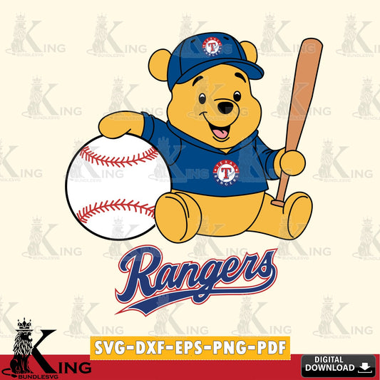 Unique artwork depicting Texas Rangers Winnie the Pooh Baseball Star Player SVG PNG files perfect for Cricut and Silhouette