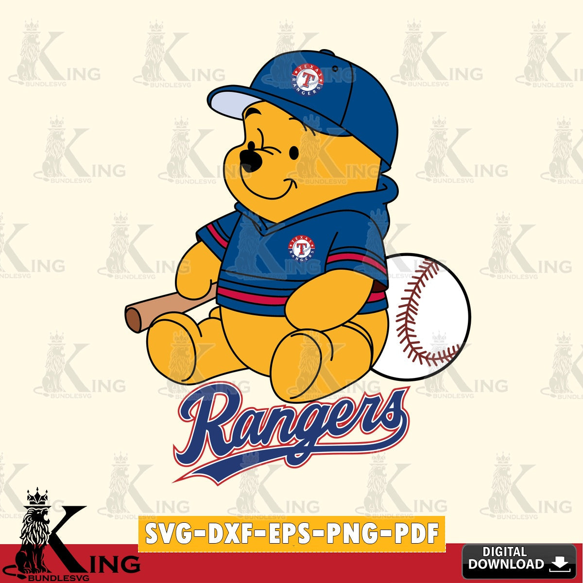 Printable art of Texas Rangers Winnie the Pooh Baseball, SVG PNG files perfect for Cricut and Silhouette cutting