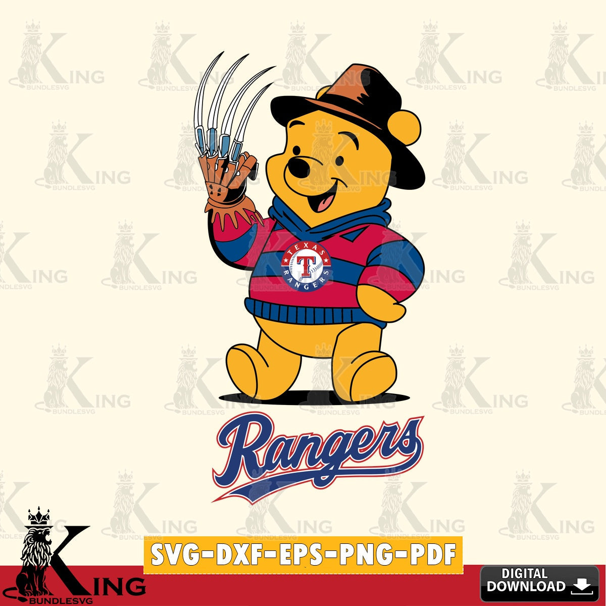 Printable art of Texas Rangers Winnie the Pooh Freddy Krueger Baseball, SVG PNG files perfect for Cricut and Silhouette cutting