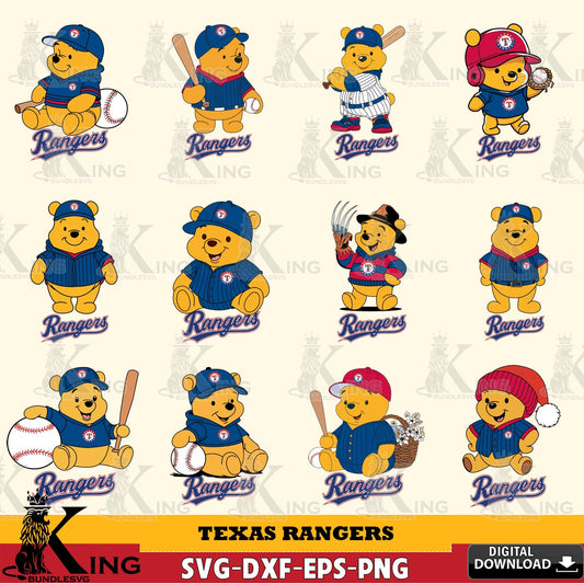 Ultimate set containing Texas Rangers Winnie the Pooh MLB baseball bundle, versatile clip art for stickers, decals, and mugs