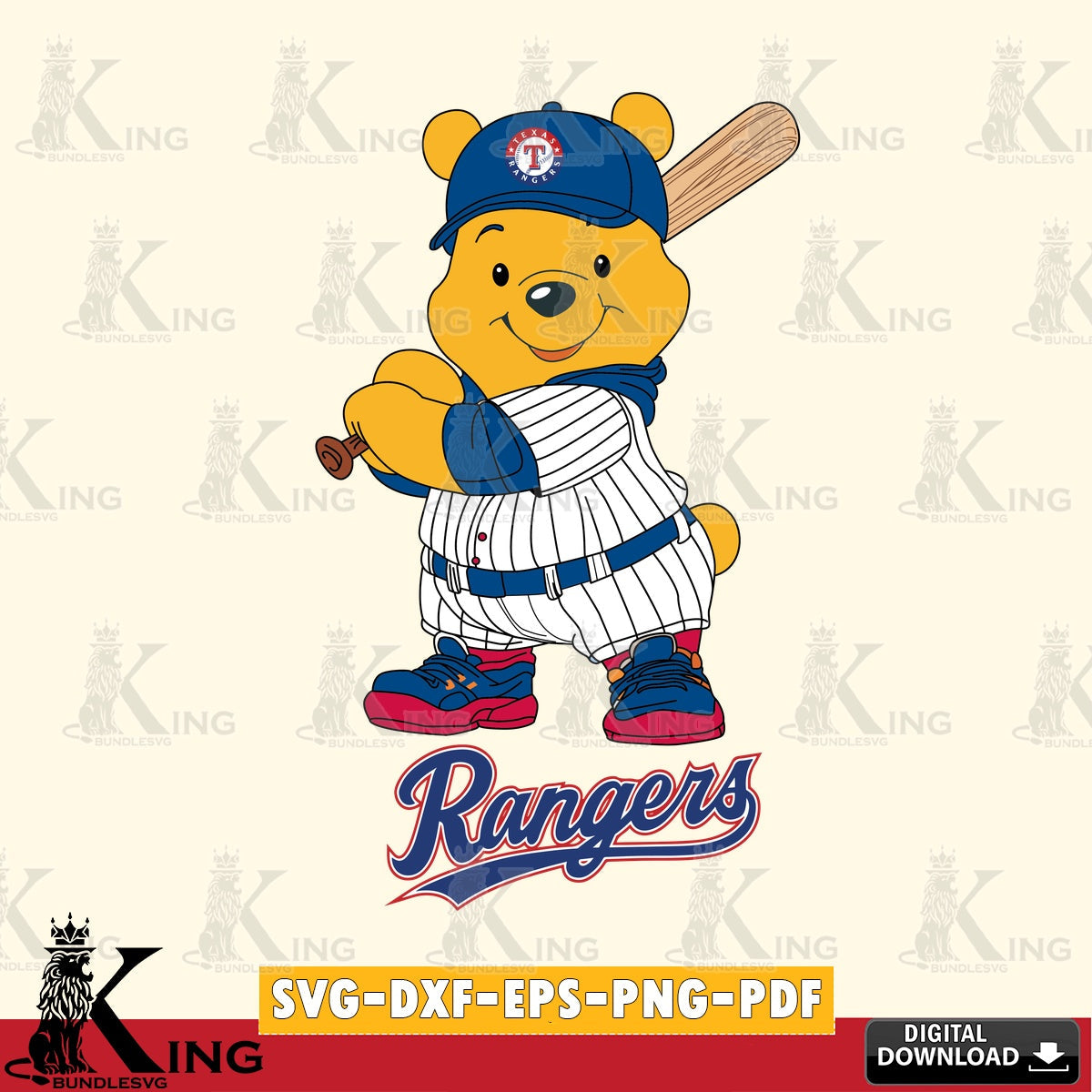 Digital clipart of Texas Rangers Winnie the Pooh baseball player SVG PNG files perfect for Cricut and Silhouette cutting