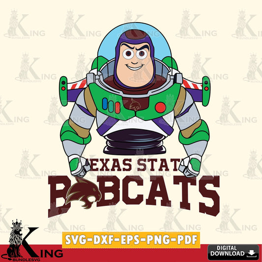 Modern graphic depicting Texas State Bobcats Buzz Lightyear Football, NCAA File cut, SVG PNG files perfect for Cricut and