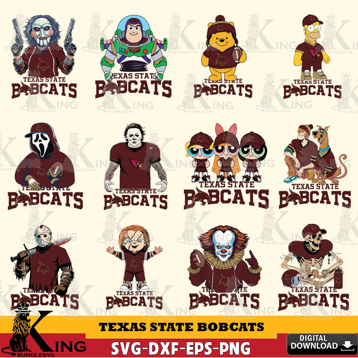 Massive pack of Texas State Bobcats Cartoon Football NCAA Bundle, SVG PNG design suitable for Glowforge and laser cutting
