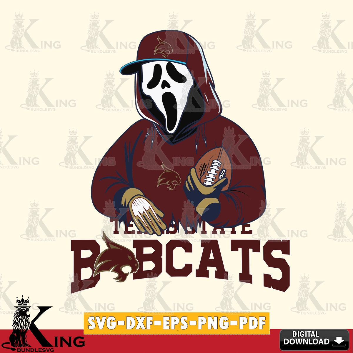 Modern graphic depicting a Texas State Bobcats Ghostface Scream football player; SVG PNG files perfect for Cricut and Silhouette