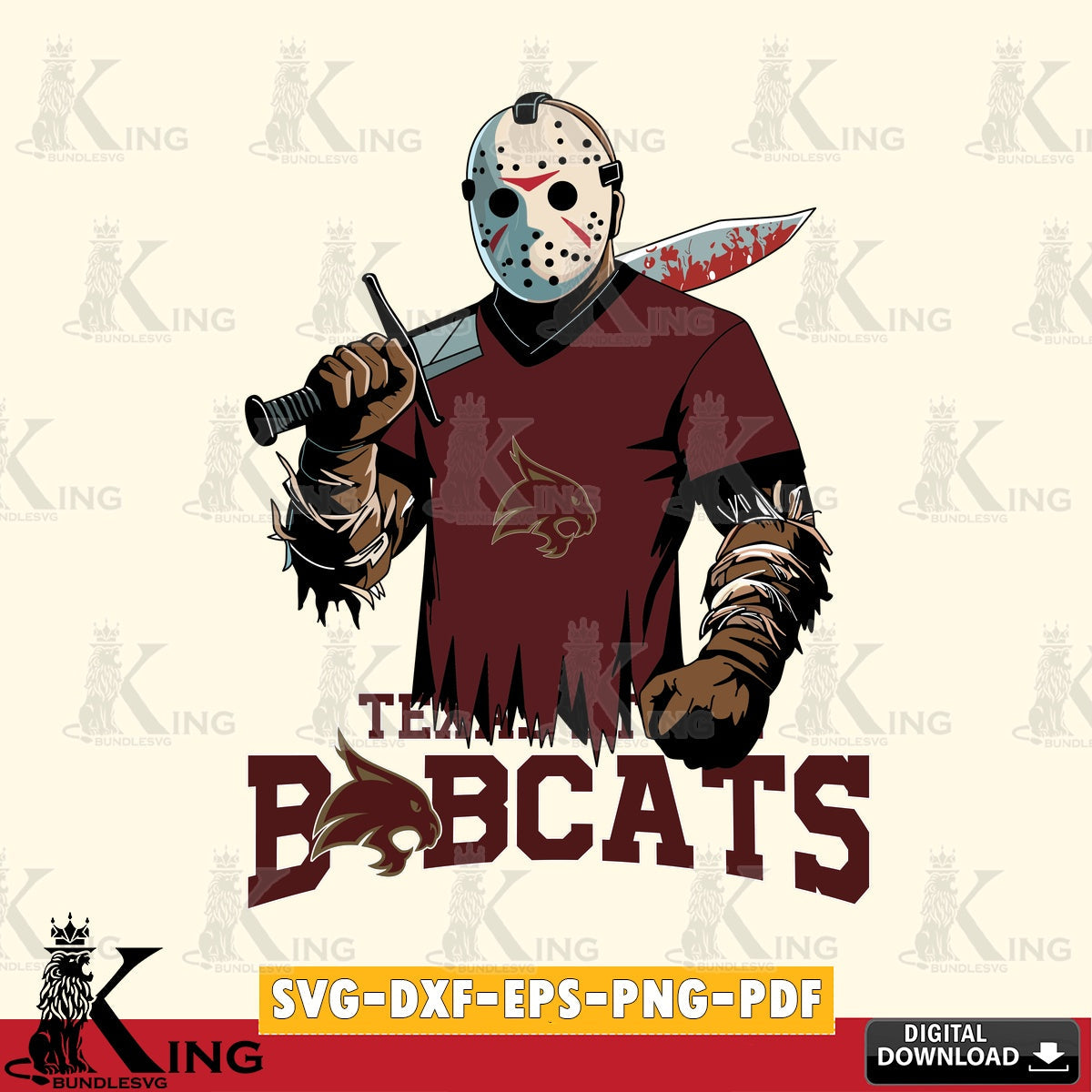 Hand-drawn style art of Texas State Bobcats Jason Voorhees Football, a digital clipart compatible with laser engraving and cutting