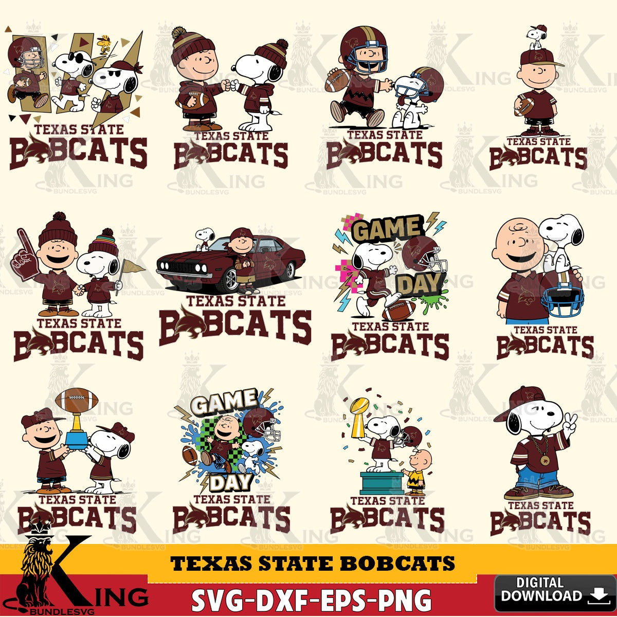 Texas State Bobcats Peanuts Football NCAA Bundle SVG, Cricut, Cut file  , Digital Download , Instant Download, Peanuts svg, NCAA svg, Football svg, Sport svg