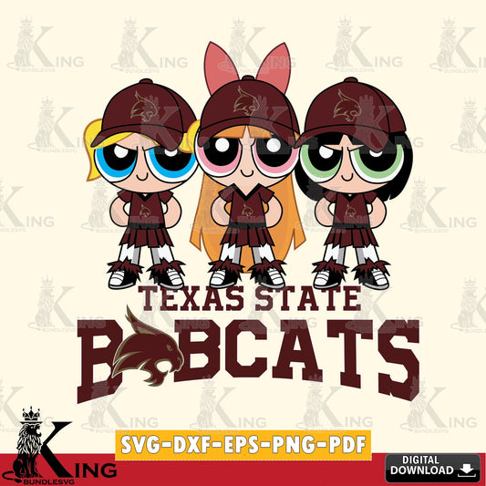 Hand-drawn style art of Texas State Bobcats PowerPuff Girls Football, NCAA, cut file ideal for vinyl projects and T-shirt printing