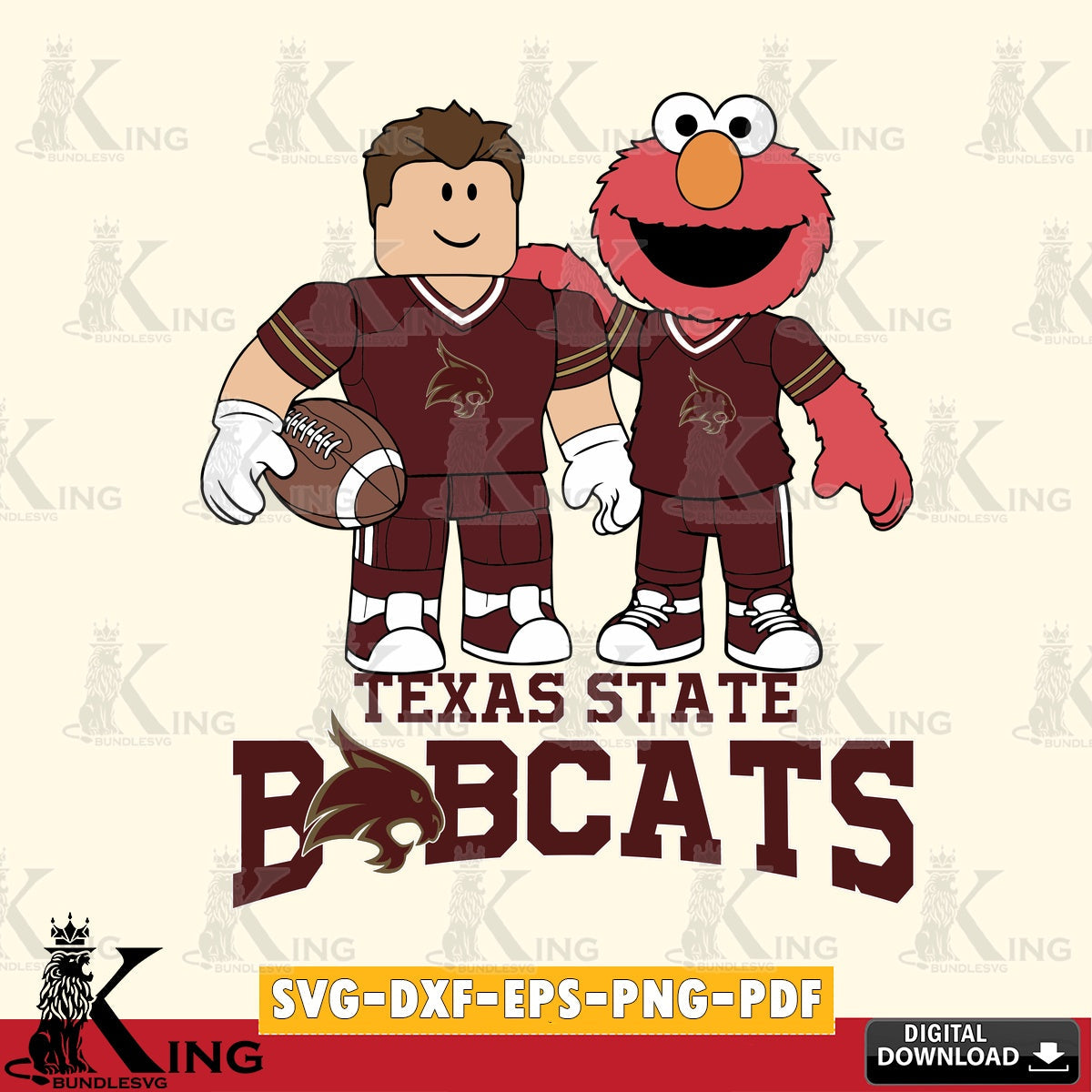 Modern graphic depicting Texas State Bobcats Roblox & Elmo Football, high-quality vector for DIY scrapbooking and home decor