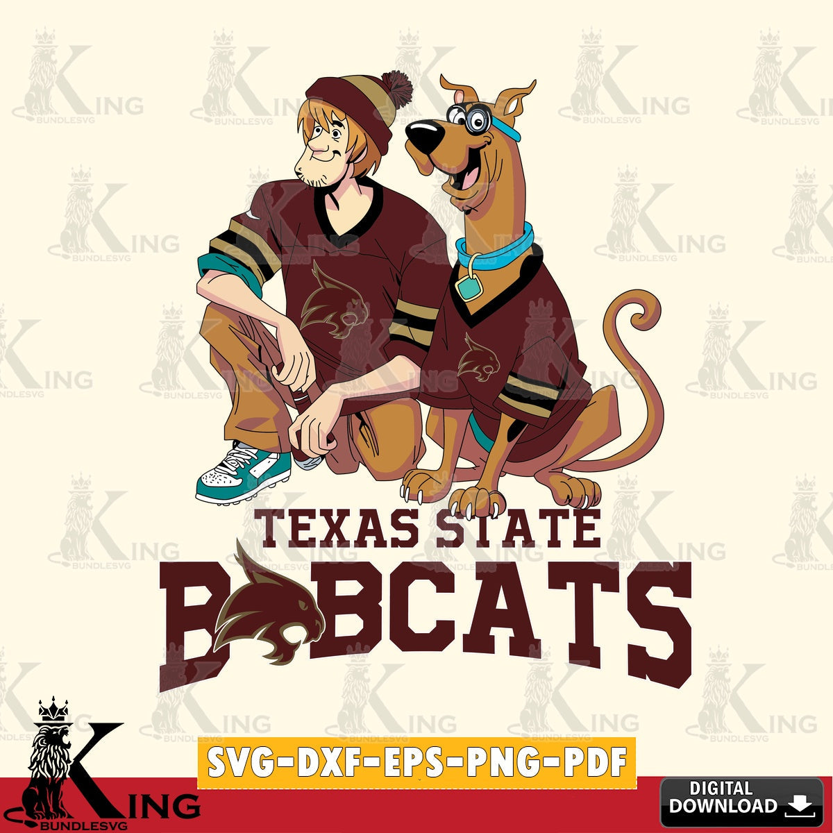 Artistic drawing of Texas State Bobcats Shaggy and Scooby Doo football PNG clipart for sublimation printing and graphic design