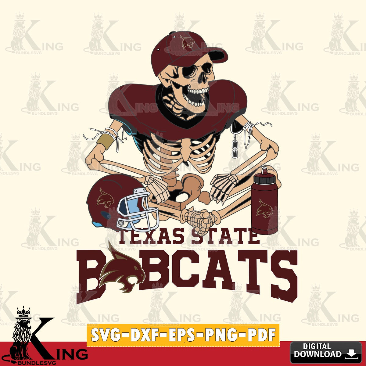 Detailed illustration of a Texas State Bobcats skeleton player playing football vector art for engraving, cutting, and printing