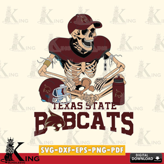 Detailed illustration of a Texas State Bobcats skeleton player playing football vector art for engraving, cutting, and printing