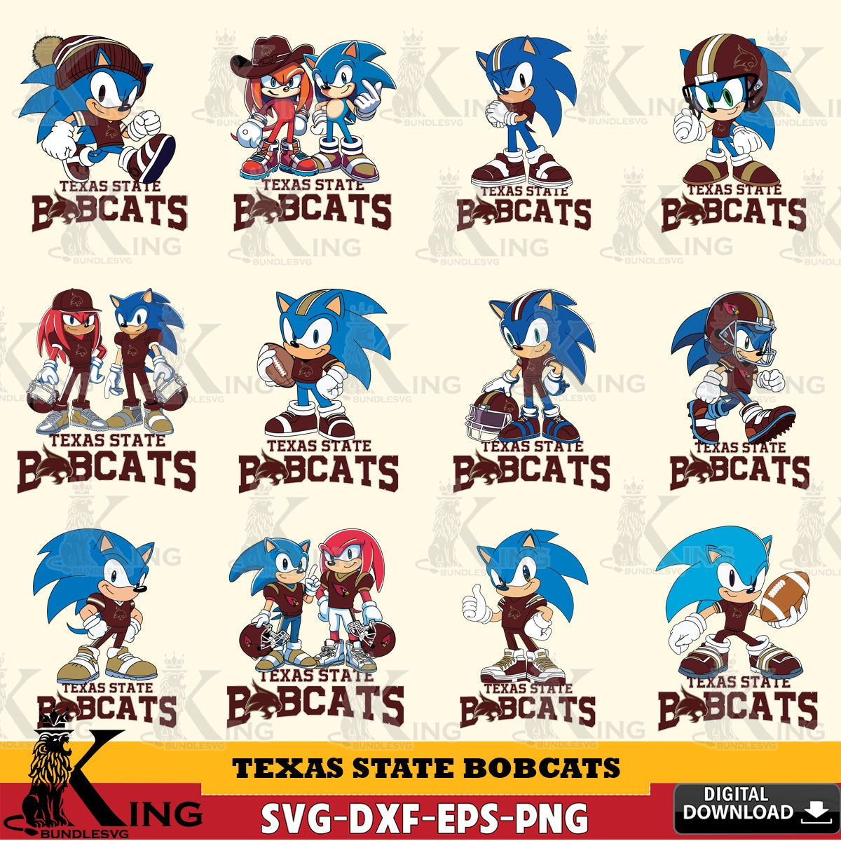 Variety pack of Texas State Bobcats Sonic & Knuckles NCAA Football Bundle vector illustration for POD merchandise and apparel