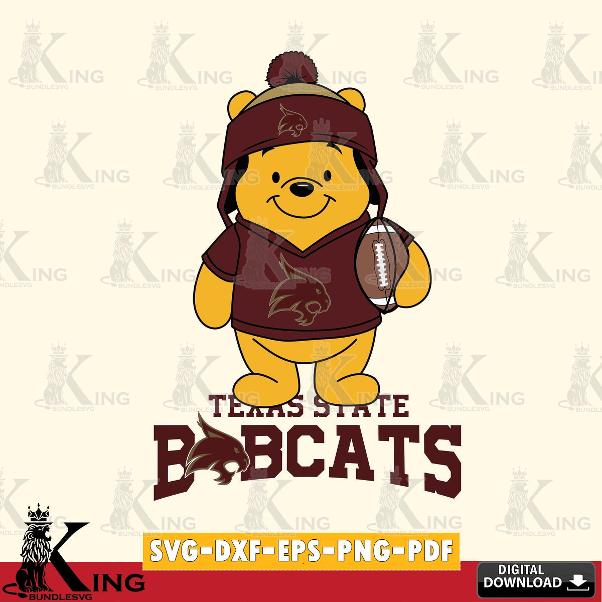Eye-catching graphic of a Texas State Bobcats Winnie the Pooh football player, printable vector design for sublimation and crafts