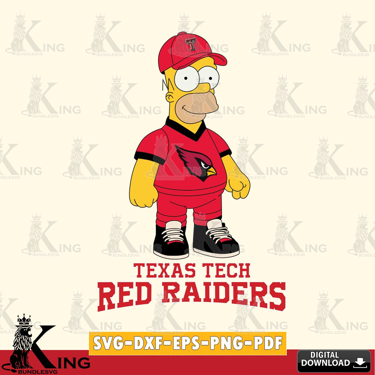 Hand-drawn style art of Texas Tech Red Raiders Homer Simpson football, NCAA SVG cut file for personalized gifts and laser projects