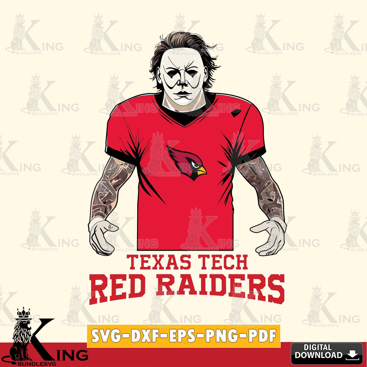 Modern graphic depicting a Texas Tech Red Raiders Michael Myers tattoo football, a digital download for Cricut Maker and paper