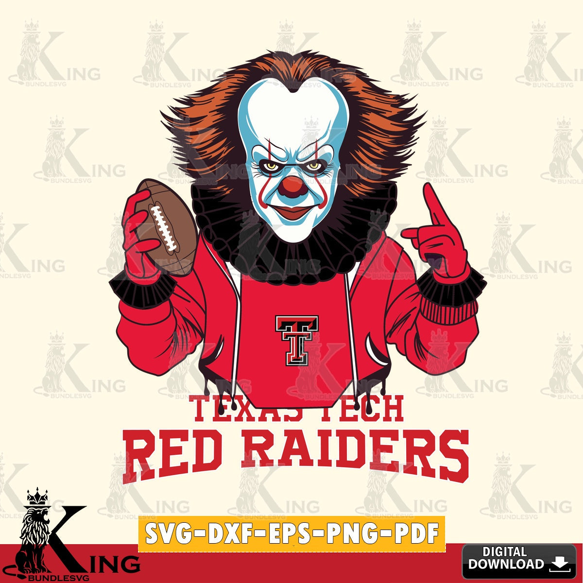 Custom design featuring Texas Tech Red Raiders Pennywise football player, a digital clipart compatible with laser engraving and