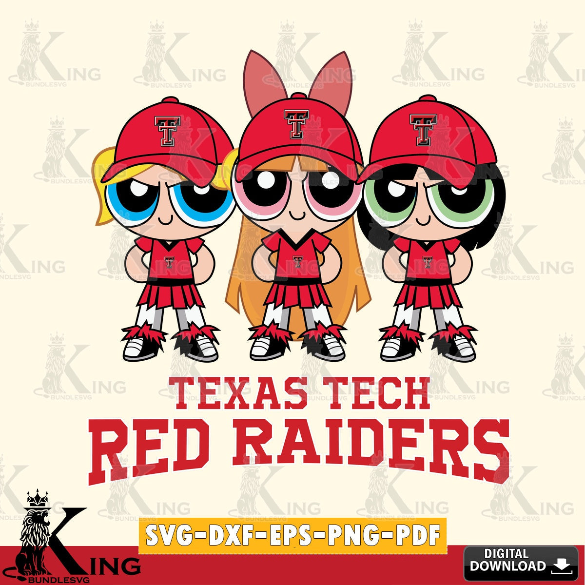 Beautiful illustration of Texas Tech Red Raiders PowerPuff Girls football digital clipart compatible with laser engraving and
