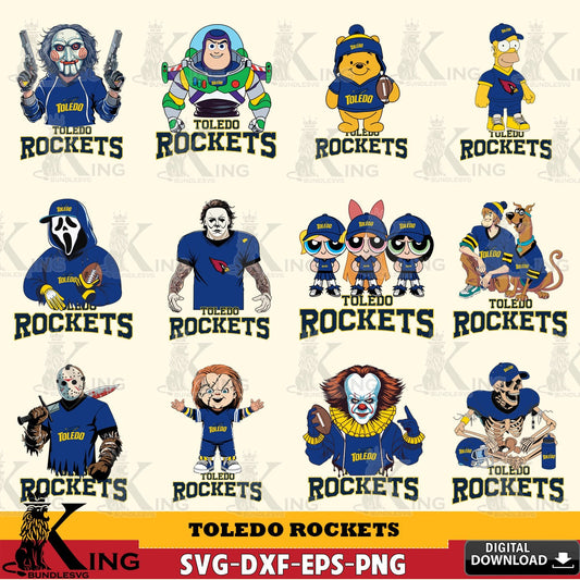 Mega bundle containing Toledo Rockets cartoon football NCAA graphics, vector art for engraving, cutting, and printing.