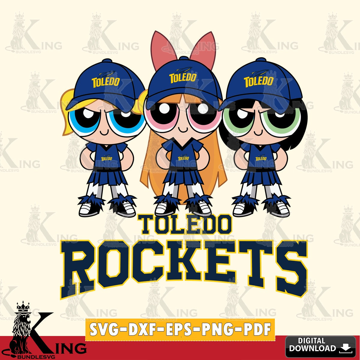 Eye-catching graphic of Toledo Rockets PowerPuff Girls football, crafting file for iron-on transfer and vinyl decals.